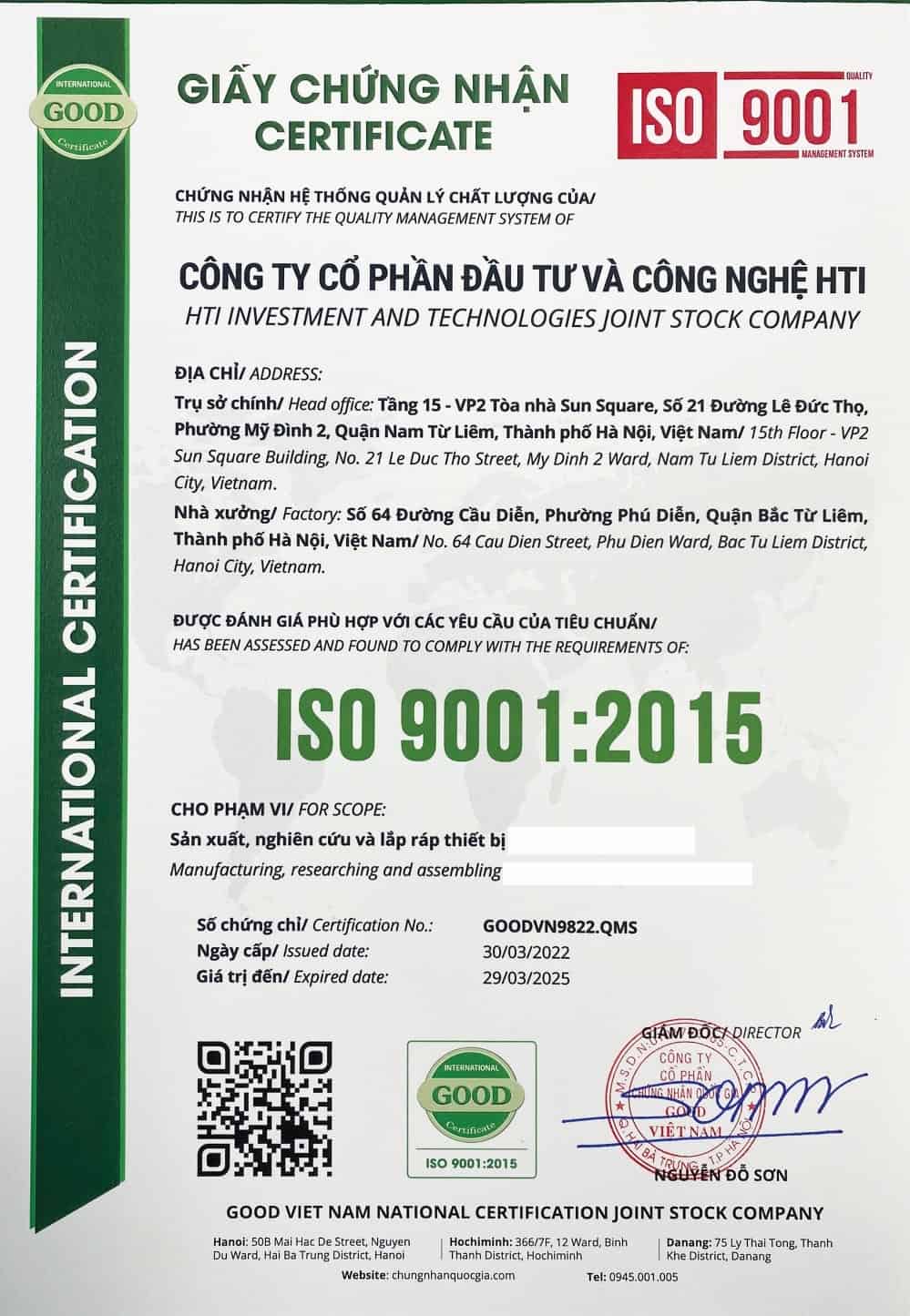 HTI Group đón nhận chứng nhận ISO 9001:2015